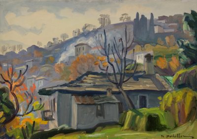 Zagora, The Oldest House, Smoke — Oil painting, Canvas, 46.00×65.00cm — Theodoros Markellos